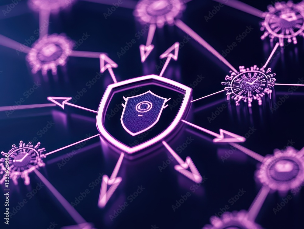 Poster futuristic cybersecurity concept with shield and virus icons in a digital network