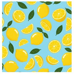 Cute vector set of lemon pattern in yellow and blue colors. Tropical fruit slice, fresh green leaves, yellow lemons on a blue background.