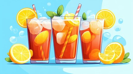 Quench your thirst with a chilled lemon tea icon, showcasing ice cubes, zesty lemon slices, and vibrant garnishes.