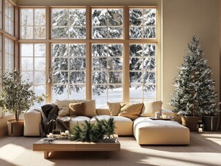 A cozy living room with winter views and a christmas tree