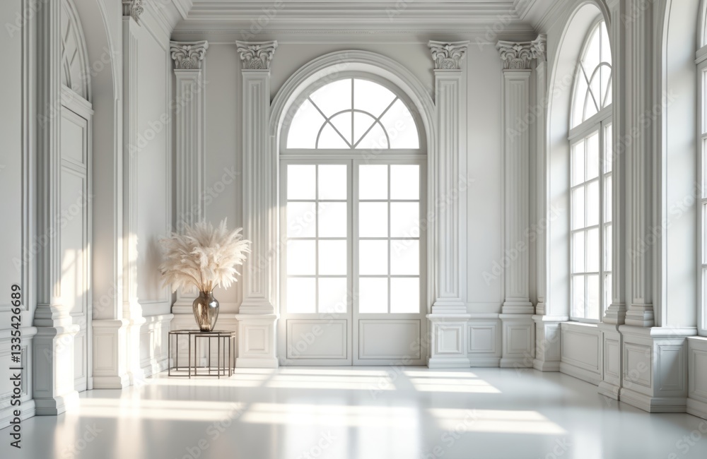 Poster bright empty white room with arch windows and columns. vase with dried flowers stands on table. clas