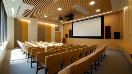 A modern conference room with sleek chairs, a projector, and acoustic panels