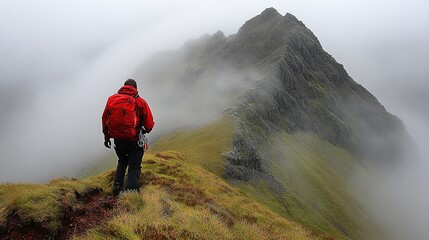 Obraz premium Hiker in misty mountain range