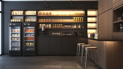 A modern office pantry with a coffee bar, snack dispensers, and stylish high stools