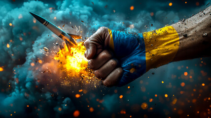 A stylized image depicts a fist painted with national colors crushing a missile, symbolizing strength and conflict in a dramatic scene.