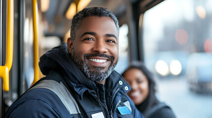 Experienced transit operator with warm smile inside bus. Dedicated public transport worker ensuring safe and comfortable travel. Public transportation, city commuting and transit worker appreciation