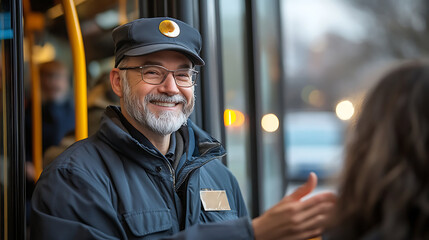 Senior transit operator smiling inside public bus. Experienced public transport driver committed to safety and efficiency. Urban mobility, public transit and customer service in transportation
