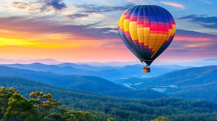 Fototapeta premium Majestic hot air balloon ascends over a valley at sunrise