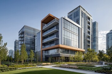 Modern residential complex overlooking parkland