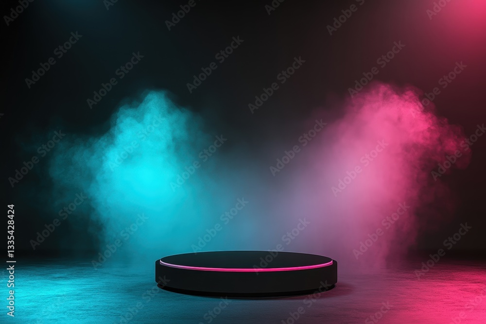 Poster a circular platform illuminated by blue and pink lights, surrounded by colorful smoke in a dark sett