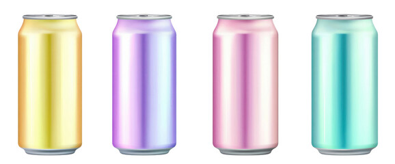 Set of pink, yellow, green, blue and purple tin cans of energy drink, juice or soda. Cocktail or fitness drink. Cold beverages. Gradient colors 
