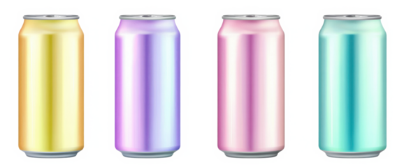 Set of pink, yellow, green, blue and purple tin cans of energy drink, juice or soda. Cocktail or fitness drink. Cold beverages. Gradient colors 
