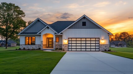 A stunning modern ranch house with off-white and gray hues, complemented by stone accents along the front