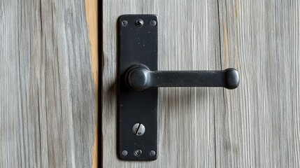 Obraz premium Discover the beauty of a black metal door handle set against an aging wooden backdrop, showcasing an antique locks charm.