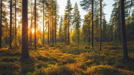 Fototapeta premium Autumn Forest at Sunset: Golden Sunlight Through Pine Trees