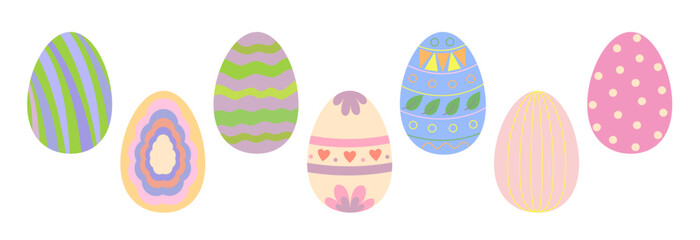 Easter eggs set colorful decorated in festive tones holiday symbol, flat style hand drawn vector illustration for spring celebration time decor, greeting cards, invitations, banners, web design