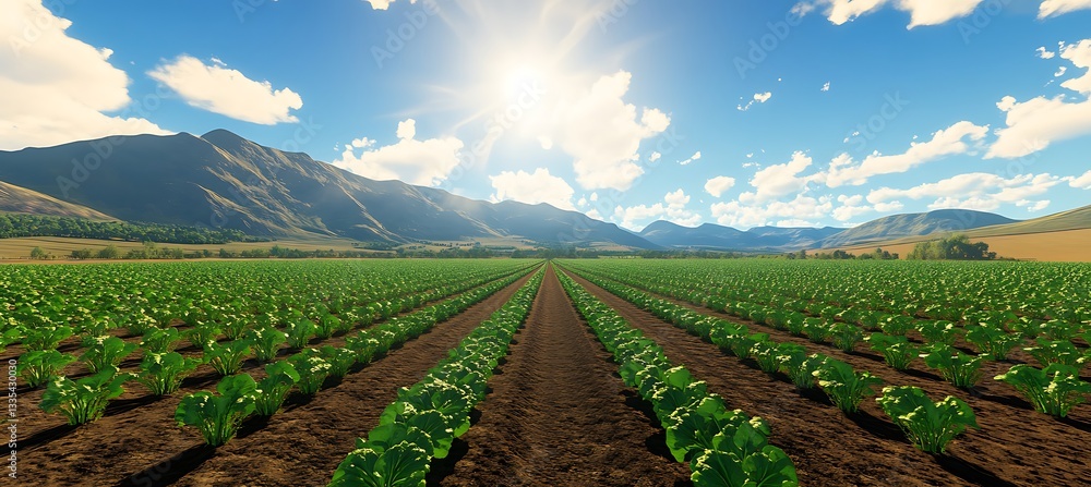 Poster a modern crop field with automated iot sprinklers and sensors ensures a precise water supply for hea