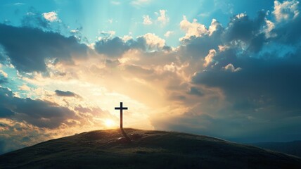 A serene digital landscape featuring a simple cross atop a hill, with radiant light breaking through the clouds, evoking a spiritual and uplifting mood, ideal for a church website.