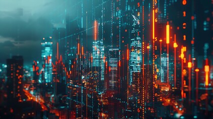 Investing and real estate market crash concept with falling down digital financial chart candlestick and graphs with data indicators on city modern business centers background, double exposure