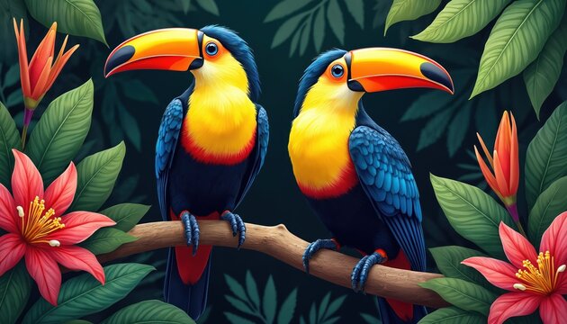 Two colorful toucans sit on branch surrounded by tropical flowers, foliage. Vibrant exotic birds with bright plumage in rainforest jungle with green leaves. African caribbean wildlife illustration.