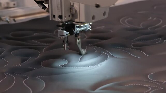 Sewing machine is in use on a black fabric. The machine is making a pattern on the fabric