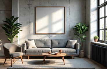 Fototapeta premium Industrial living room interior design with blank square picture frame on concrete wall above gray sofa. Home plants, chair, wooden coffee table, carpet, radiator, sunlight from window. Modern