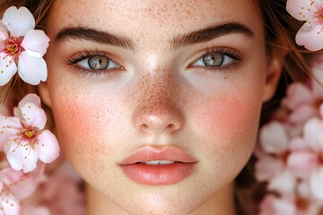 Fototapeta premium Gorgeous caucasian young woman surrounded by cherry blossoms. Commercial creative art. Spring mood, dark night and warm mystic light - complementary lighting.