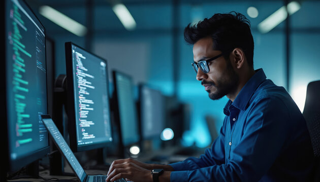 Portrait of Indian software engineer working on laptop in modern office. Man coding, programming, developing in workplace. Young adult typing on keyboard in corporate environment using multiple