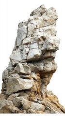 Tall weathered rock formation isolated against a blank background