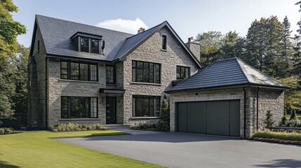 A stunning two-story bungalow with a bold stone fa? section ade, complemented by black steel-framed windows and a gray garage door