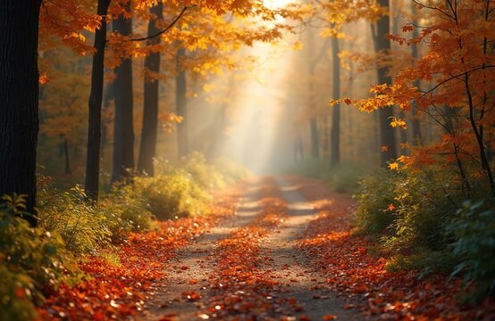 Beautiful morning in autumn forest with sun rays shining through trees. Road covered with colorful leaves. Nature landscape with idyllic atmosphere, perfect for wallpaper, background travel