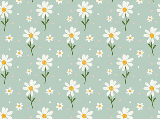 Seamless pattern with daisies. Vector background with white daisies on a blue background drawn by hand. Suitable for printing on paper, fabric surfaces. Summer print for clothes.