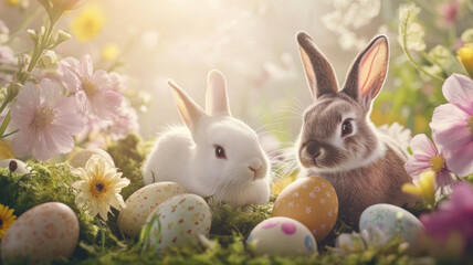 Easter bunny with colorful eggs and flowers on a sunny meadow