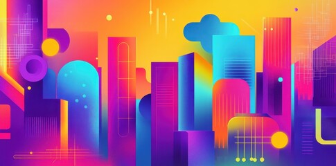 Colorful abstract city skyline with various geometrical shapes represented