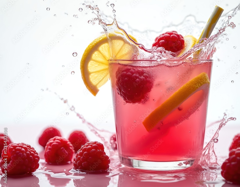 Poster refreshing raspberry lemonade in glass with lemon slices. water splashes create dynamic effect. juic