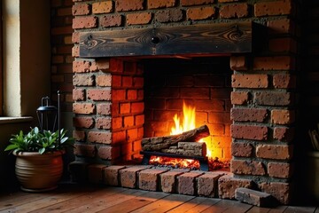 Rustic brick fireplace, hearth glowing warmly, warm, building