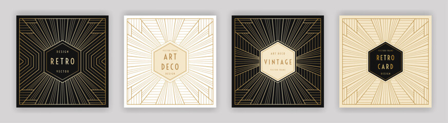 Retro geometric outline decor. Black, white and beige square cards geometry design. Art Deco vintage style frame set. Linear golden elements. EPS 10 vector illustration.