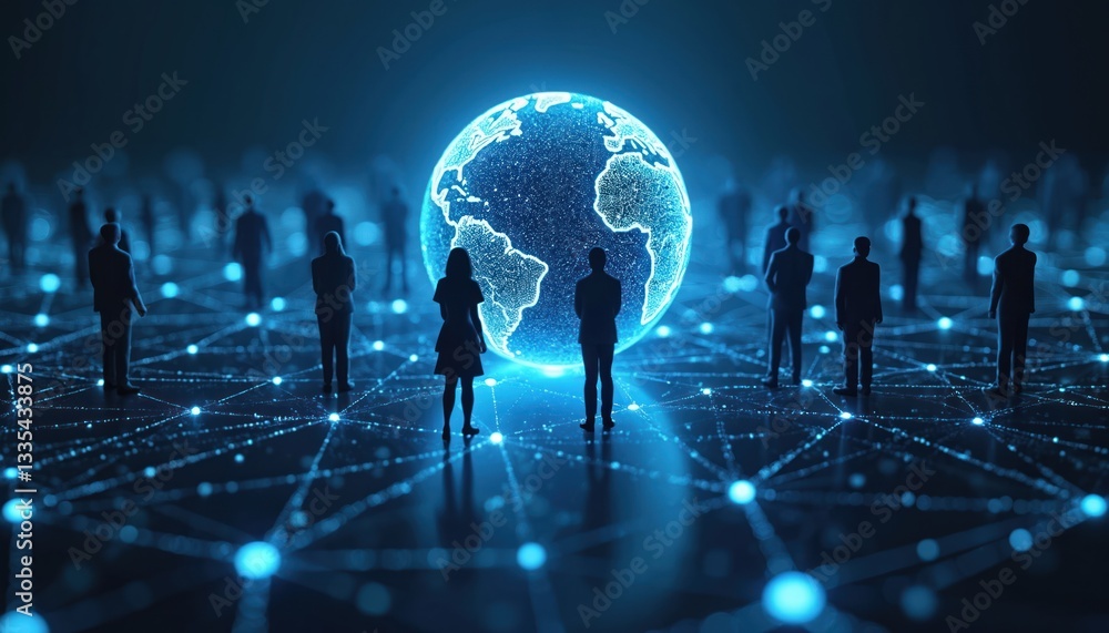 Poster network of people connected to glowing earth globe. global business network for worldwide connection