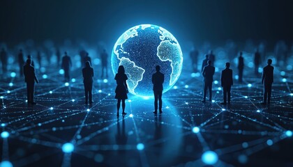 Network of people connected to glowing Earth globe. Global business network for worldwide connection via digital technology, cyberspace. Futuristic abstract concept. Teamwork, communication, social