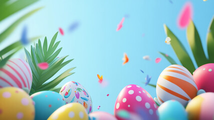 Easter eggs with tropical leaves and petals on a blue background