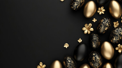 Luxury Easter black background with golden eggs and flowers on right side