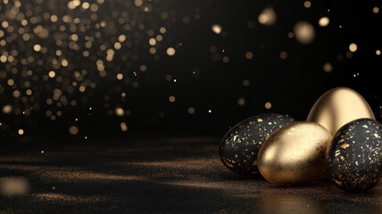 Luxury Easter eggs with golden foil pattern on dark glitter background