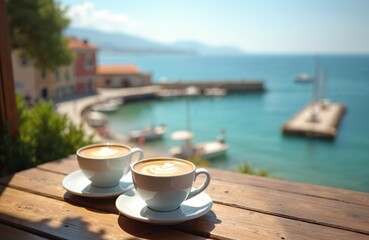 Two coffee cups on table overlooking Italian harbor at sunny summer morning. Latte art in cafe terrace with sea view. Coastal vacation breakfast at Liguria resort.