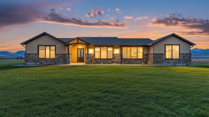 Obraz premium A tranquil single-story ranch home with stone accents and large windows, illuminated under the night sky