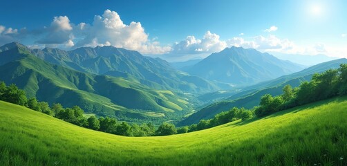 Scenic view of green mountains under blue sky. Grassy meadow covers foreground hills. Sun shines on picturesque landscape, creating tranquil, serene scenery. Summer vacation destination for travel,