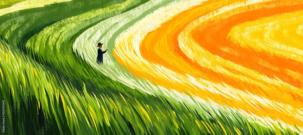 Poster a lush field with alternating rows of different crops shows natural color contrasts. a farmer tends 