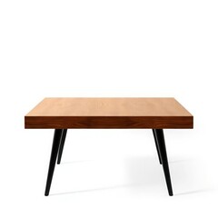 Fototapeta premium Modern minimalist wooden table, oak wood surface with black metal legs, sleek contemporary furniture design, stylish home and office decor