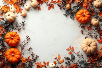Thanksgiving background: pumpkins and fallen leaves on white Rustic Background