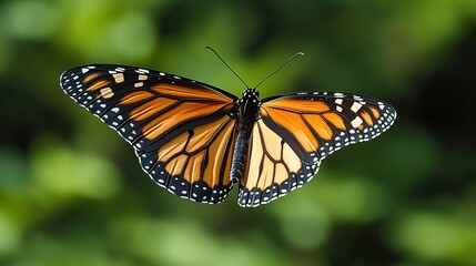 Obraz premium Monarch butterfly in flight against a blurred green background