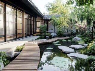 Obraz premium A beautifully designed japanese garden with a wooden pathway